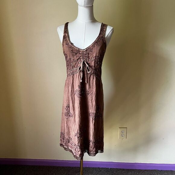 Vintage Y2K Brown Embroidered Slip Dress Fringe Hem Boho Summer Festival Small - Picture 1 of 10